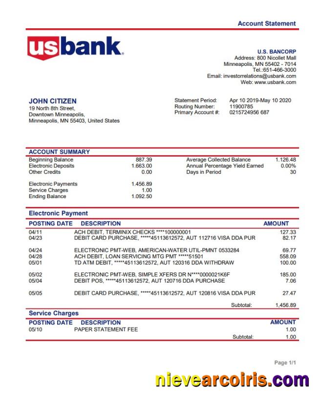 USA Bancorp bank proof of address statement in Word and PDF format